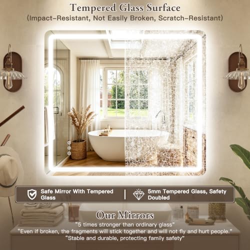 Image of 40 inch x 36 inch Led Bathroom Mirror with Lights, Anti-Fog & Tri-Color Lighting - Wall Mounted Shaving Mirror with Touch Sensor, Waterproof & Smart LED Vanity Mirror,Tempered Glass, Dimmable Smart Mirror