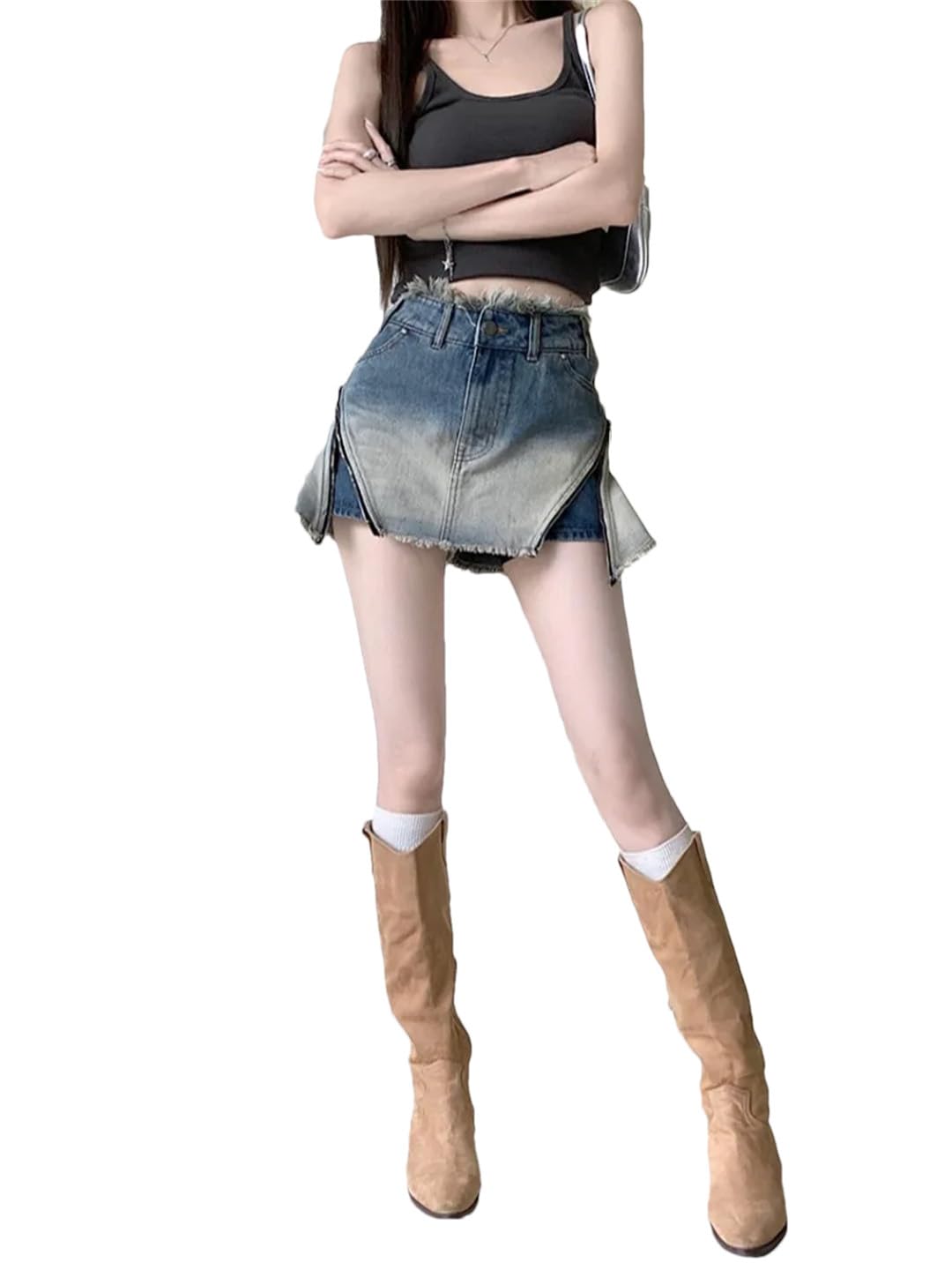 Gonne di jeans da donna a vita alta con cerniere a vita alta impiombata gamba larga A-Line Mini gonne di jeans