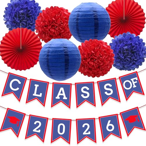 Image of Blue Red Graduation Party Decoration Class Banner Hanging Pom Poms Flowers High School College Grad Supplies
