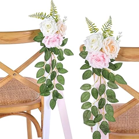 MoKoHouse Pink Chair Flowers for Wedding Ceremony: Pink Artificial Flowers for Party Aisle Decorations with Eucalyptus Artificial Flowers and Ribbons Set of 10 Cover