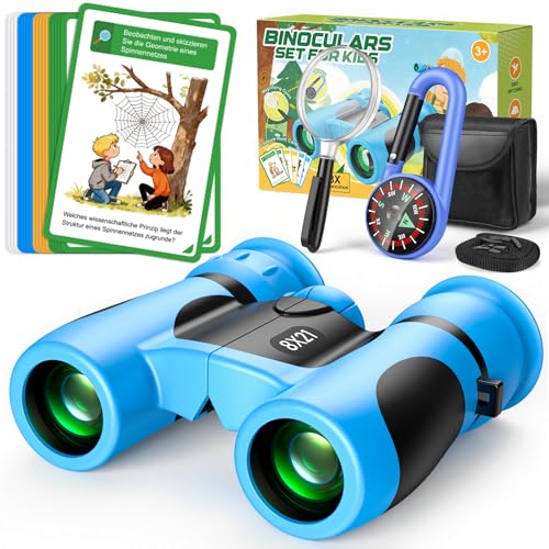 Fernglas für Kinder 8X21 mit Lupe & Kompass & Entdeckerkarten - Outdoor Schatzsuche Spielzeug ab 3-10 Jahre, Gartenspielzeug Outdoor Spiele für Kinder, Natur Entdecker Set, Geschenk Junge Einschulung