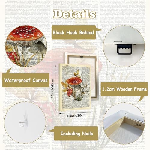 Image of CHDITB Vintage Mushroom Canvas Wall Art, Antique Dictionary Page Fungi Print, Botanical Mushroom Wall Decor, Retro Mycology Framed Poster, Nature Inspired Artwork For Kitchen Living Room Decor 12 inchX16 inch