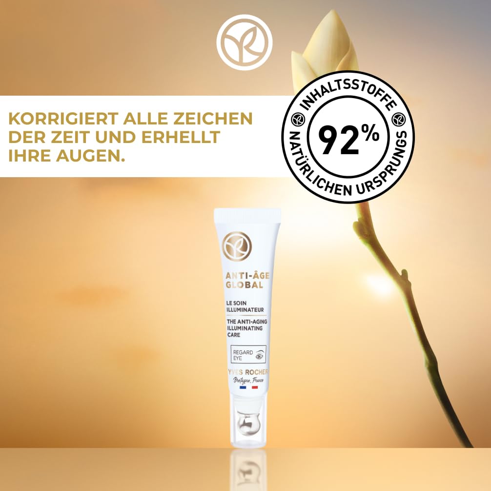 Yves Rocher ANTI-AGE GLOBAL - Ausstrahlungspflege Augen - Anti Aging- Pflege gegen Falten und Augenringe - Leichte Gel-Textur für ein angenehmes, kühles Gefühl -15 ml (Packung mit 2)