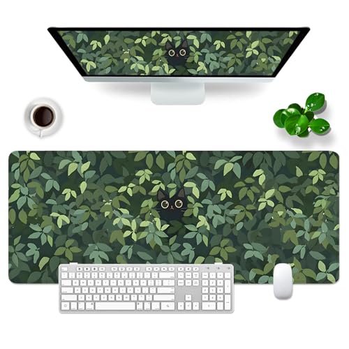 VYEUIAO Tapis de souris de jeu vert chat sous-main 800 x 300 mm XL, mignon grand tapis de souris pour ordinateur PC professionnel et clavier Kawaii