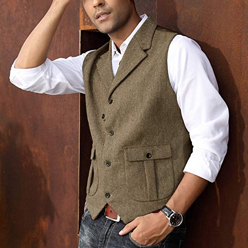 PJ PAUL JONES Mens Western Herringbone Suit Vest Tweed Wool Blend Slim Fit Waistcoat3
