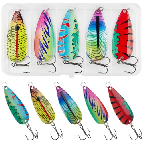 Fishing Spoons Lures 5pcs Saltwater Fishing Lures Trout Spoons Metal Jig Trolling Jigging Lure Spinner Baits with Treble Hooks for Bass Trout Walleye Salmon (1/8oz-5pcs)