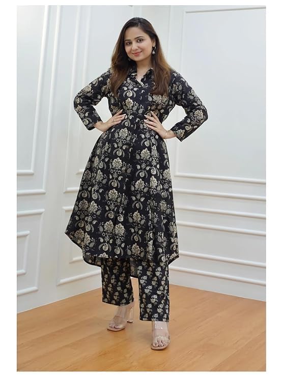 Image of GRECIILOOKS Co ord set for women stylish | Anarkali Kurta-Set - Viscose Printed Kurta & Straight Pant | kurtis| Festive Indian Traditional Outfit Dress for Functions & Puja | Trendy Travel & Streetwear Look for Woman | 3 /4 Half Sleeve