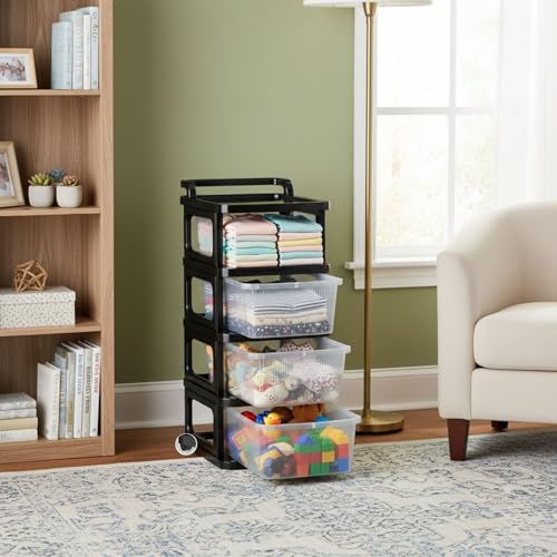 Image of Aliensware 4Layer Plastic Storage Drawer Organizer with Wheels, Modular Cabinet for Home, Office, School, Hospital, Parlor, Morden Kitchen,Clothes, Toys Organiser for Kids Room-Aliens-Clear Black