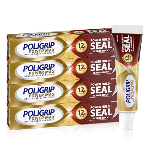Poligrip Power Max Power Hold plus Seal Denture Adhesive Cream, Denture Cream for Secure Hold and Food Seal, Flavor Free - 2.2 oz (Pack of 4)