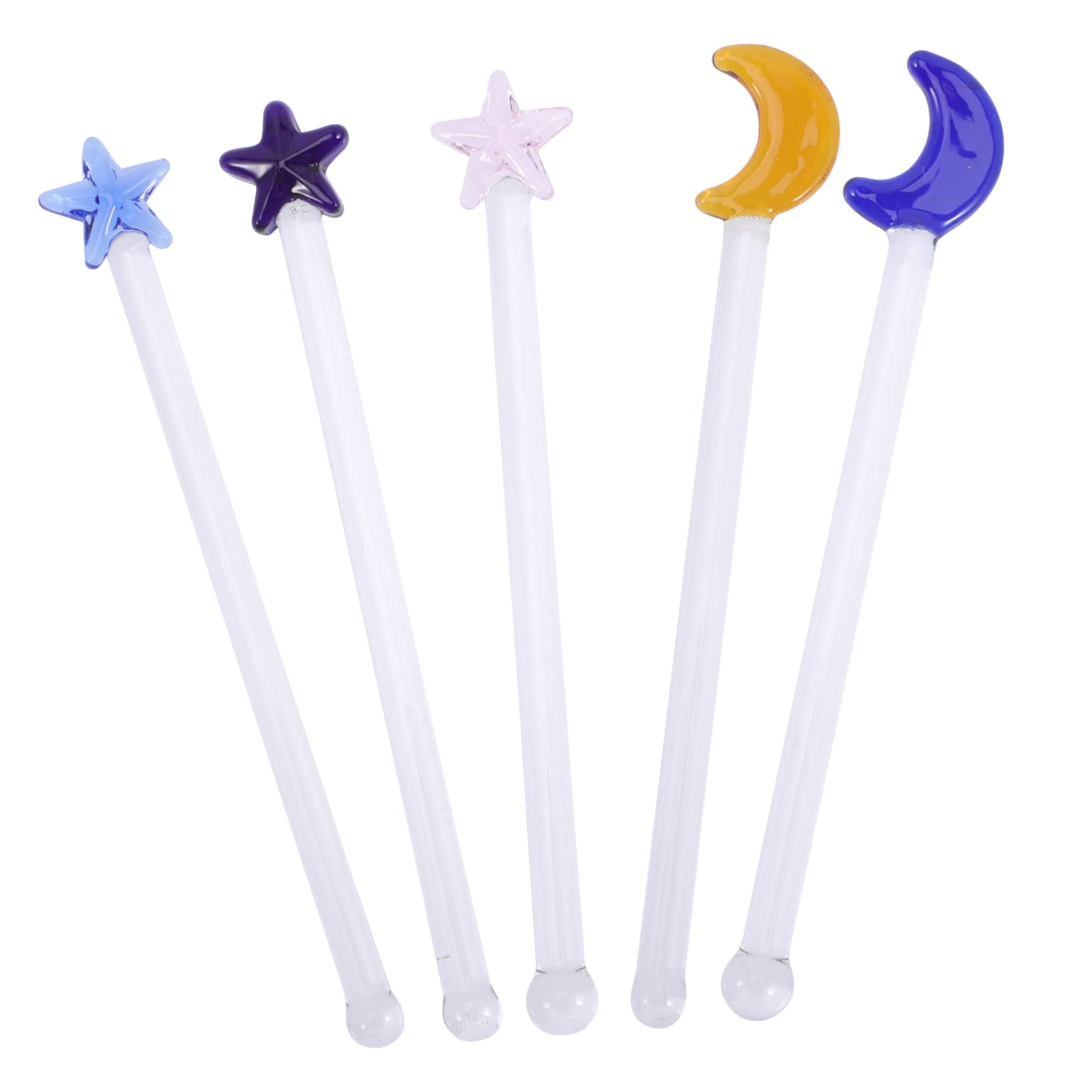 5Pcs Decorative Glass Mixing Sticks for Cocktails Juice and Hot Beverages Drink Stirring Rods Star Moon Designs Easy to Clean Reusable Stir Sticks