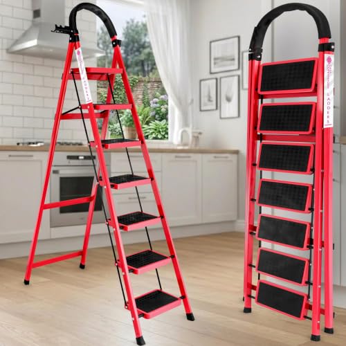Image of Casa Copenhagen Red 7 Step Ladder for Home Use with Built-in Tool Tray | Heavy Duty D Shape Rods | Ultra Large Platform | Wide Rubber Feet | 150Kg Capacity Foldable Ladder - 7 Years Warranty
