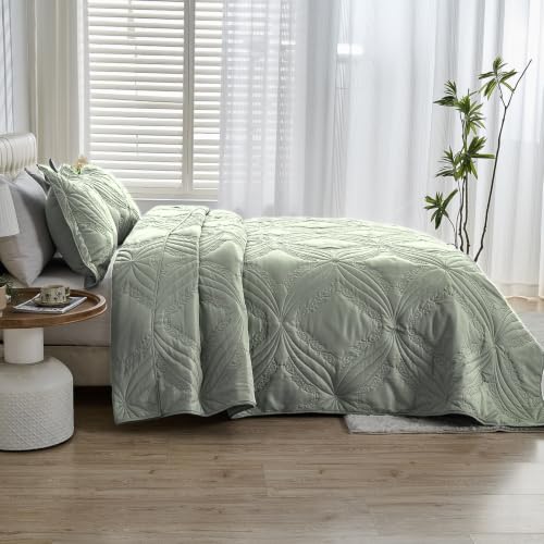 Image of Kingnex Oversized King Bedspreads 128x120 Ultrasonic Quilted Sage | Extra Wide Coverlet for Tall Split King Adjustable Bed or Cal King Size, 3 Piece Include 1 Quilt, 2 King Size Pillowcases