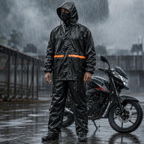 Image of Unisex Raincoat with Pant Set Waterproof for Men & Women, Hooded Rain Suit with Reflective Strip, Rain Jacket for Bike Riding, Travel & Outdoor Use, Black, Free Size (Fits L to XXL)