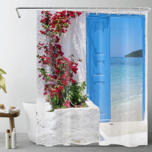 LB 59x71 inch Seascape Shower Curtain Traditional Greek Door Ocean and Santorini Island Waterproof Anti-mold Polyester Fabric Bathroom Curtains with 10pcs Hooks