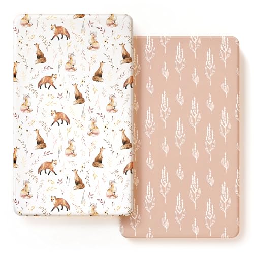 Image of Stretch Ultra Soft Jersey Knit Fitted Crib Sheets Set 2 Pack，Fits All Standard Crib Mattress Pads Safe and Snug, Crib Fitted Sheet for Baby, Pretty Fox for Girls
