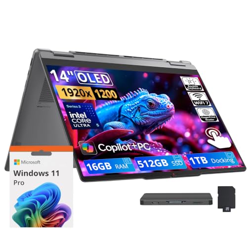 Image of Lenovo Yoga 7i 2-in-1 14 inch 2K OLED Touch Laptop, Intel Core Ultra 5 322, 16GB LPDDR5X, 1.5TB Storage(512GB SSD+1TB Docking Station), Intel Graphics, Fingerprint, Backlit Keyboard, Win 11 Pro, Luna Grey