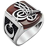 mysilverworld Solid 925 Sterling Silver Ottoman Sultan Tughra Signature Agate Stone Men's Ring (10.5)