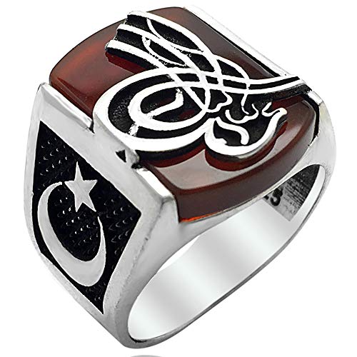 mysilverworld Solid 925 Sterling Silver Ottoman Sultan Tughra Signature Agate Stone Men's Ring (10.5)