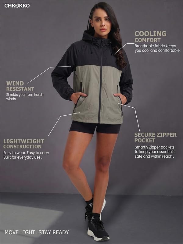 Image of CHKOKKO Windcheater For Women With Hood | With Advanced Upf 50+ UV Windproof Windbreaker Sunscreen | Lightweight Water-repellent Sports Outdoor Travel & Everyday Wear Windshield