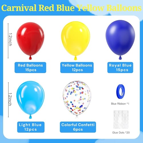 Image of BAUANOOY Carnival Balloons, 60pcs 12 Inch Red Light Blue Royal Blue Yellow Latex Balloons for Carnival Theme Birthday Party Decorations