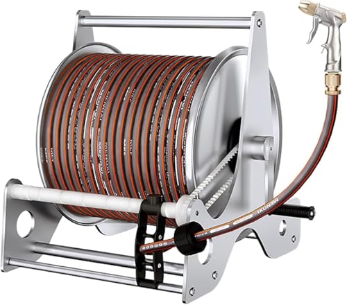 Stainless Steel Garden Hose Reel, Metal Hose Storage Rack for Gardening Irrigation, Car Washing(Size:Rack+50m Hose)