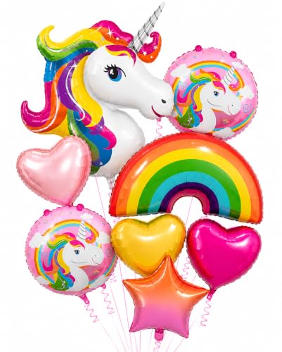 Image of AMFIN (Pack of 8) Unicorn Theme Birthday Balloon Bouquet Pink Multi Metallic Finish Foil Women Girls Decoration Item Kit Head Rainbow