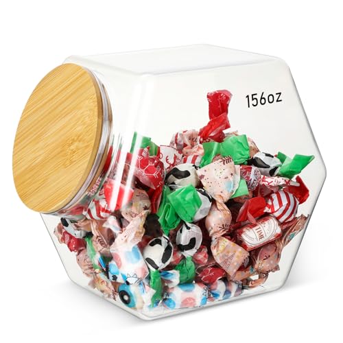 Pickmesh 1 Pc 156 oz Hexagonal Plastic Candy Jar with Airtight Bamboo Lid Hexagon Cookie Jars Clear Containers for Kitchen Storage Snacks,dog Food, Coffee Pod, Laundry Pod