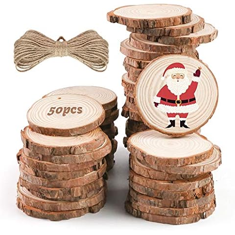 LovesTown Natural Wood Slices Set,50pcs Natural Unfinished Wood with Jute Twine,60-70mm Wood Disc/Wood Cutouts/Wood Plates for DIY Craft Christmas Wedding Ornaments Cover