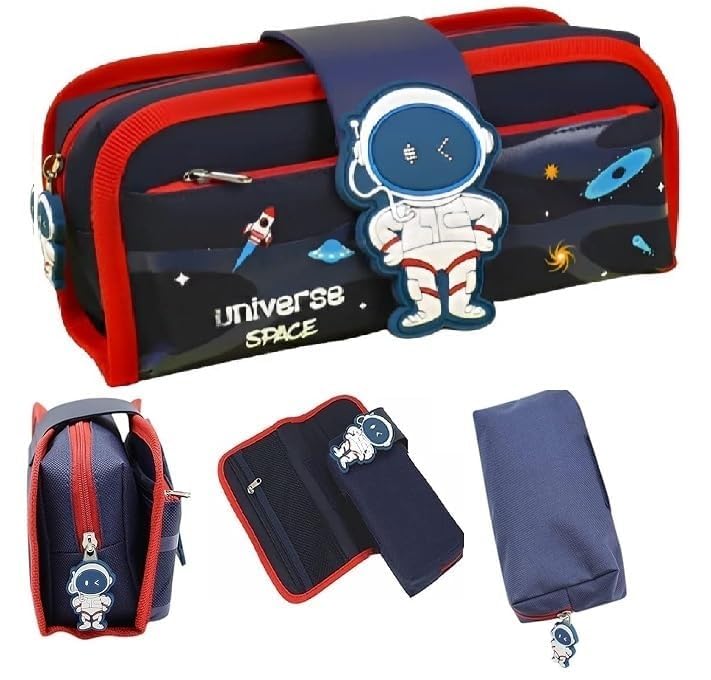 E-ROYAL SHOPSpace Astronaut Pencil Case Large Capacity Pen Bag, Cute Cartoon Stationery Organizer Detachable Zipper Pen Pouch, Polyester Pencil Bag Storage Box for Boys Girls Teen Student, RED, S,