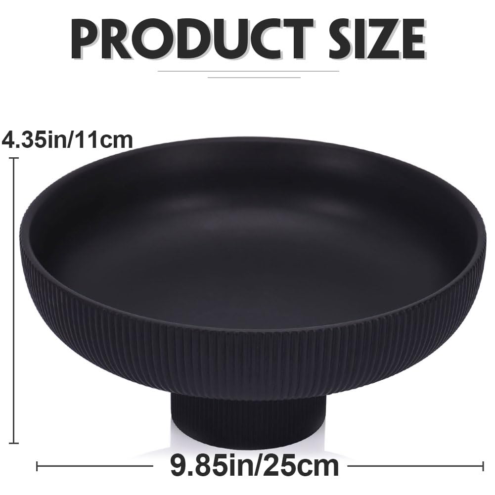 Modern Large Black Decorative Bowl - Ribbed Black Fluted Pedestal Bowl , Multi-Functional Fruit Bowl, Key Bowl, Candy Dish, Ideal for Entryway Table, Kitchen Counter, Living Room, Coffee Table Decor