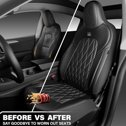 Image of CAR PASS Nappa Leather High Back Front Seat Covers, Tesla Model 3 Model Y Breathable Faux Leather Front Bucket Seat Covers, Anti-Slip Airbag Compatible Universal Fit for Sedan SUV Van Truck, Black