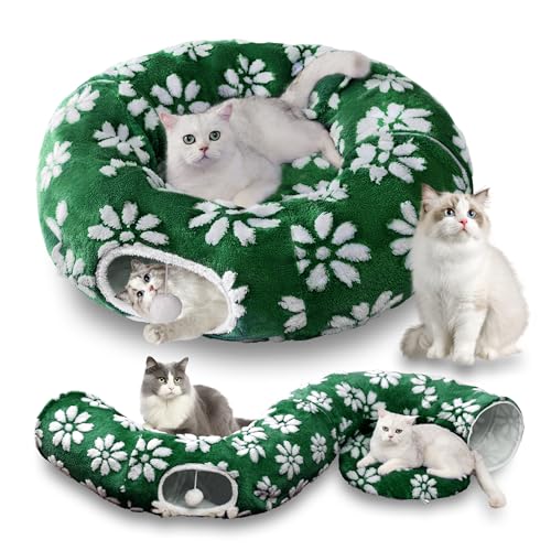 Image of Cat Tunnel for Indoor Cats, Cute Peekaboo Cat Cave with Dangling Balls, Pet Donut Tunnel Bed with Circle Mat for Puppy Kitten Rabbit, Green Flower