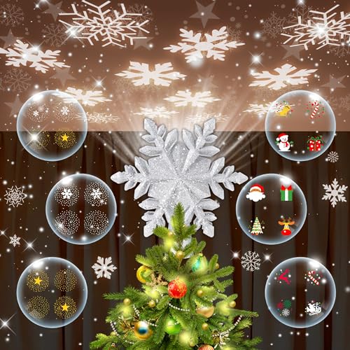 Lohhbve Snowflake Christmas Tree Topper Lighted with 6 Projected Patterns,Christmas Star Tree Top Built-in LED Rotating Lights,3D Glitter Projector for Christmas Decorations Xmas Decor