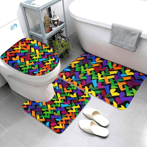 Dwrepo Gay Pride Rainbow Print Bathroom Rug Set 3 Piece with Non-Slip U-Shaped Contour Mat and Toilet Lid Cover for Bathroom Decoration