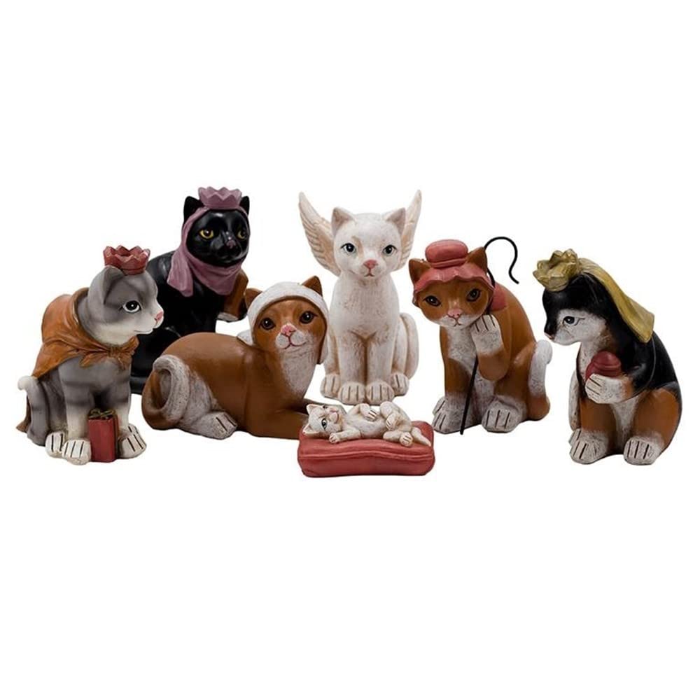 Misterio Nacimiento con Gatos 6 Figuras 15cm. Sagrada Familia Imagen Resina
