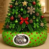 Picture of Hollowfly Christmas Cat Bed Tunnel 3ft x 3ft x 9.8in Lime Green Under Christmas Tree Cat Donut Tunnels for Indoor Kitten Xmas Winter Plush Polka Dot Peekaboo Cave Toy Collapsible 3 Way for Small Kitty