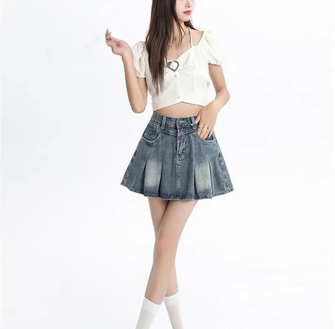 Gonna a pieghe in denim da donna svasata con cerniera vintage, gonna estiva sopra Kne Mini