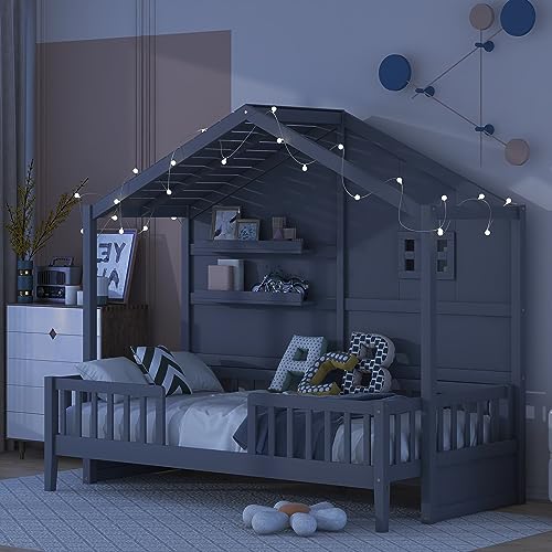 SOFTSEA Twin Size Low House Loft Bed with Shelves, Low Wood Bed Frame with Window and Sparkling Light Stripe on The Roof, House Shaped Low Loft Bed for Kids