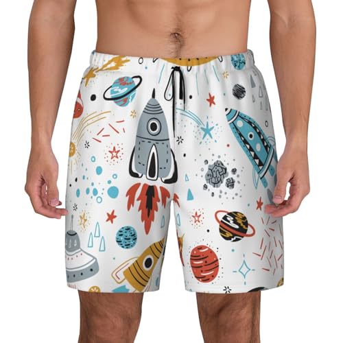 Men's Cartoon Rockets Print Quick-Dry Mesh Swim Trunks Stretch Lining Beach Shorts Surfing Summer Vacations Black2