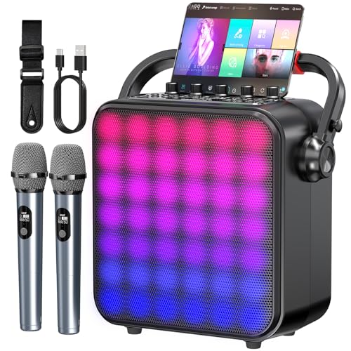 Karaoke Machine for Adults & Kids with Full-Screen LED Lights, Portable BT Speaker with 2 Microphones, Bass/Treble Adjustment, Supports TWS/FM/AUX/USB