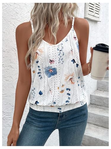 SweatyRocks Women's V Neck Floral Print Cami Tank Top Summer Casual Eyelet Sleeveless Cami Shirts3