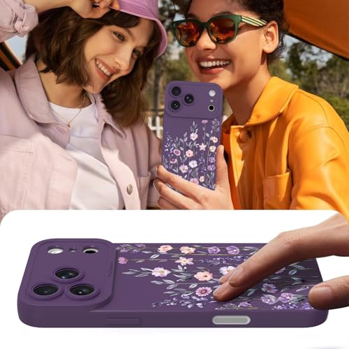 Image of Designed for iPhone 17 Pro Max Case Flower for Women, Dark Purple | Cute Floral Pattern Liquid Silicone Phone Case [Full Camera Protection] Slim Soft TPU Protective Cover