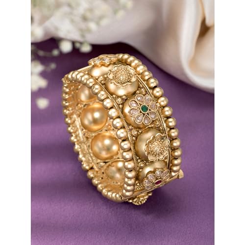 Aheli Gold Plated Synthetic Stone Studded Dome Style Thick Single Piece Openable Kada Bangle Traditional Jewellery Gift for Women Size - 2.6 Inch3