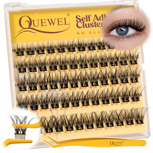 QUEWEL Self Adhesive Lash Clusters Kit, Pre Glued Eyelashes Clusters, 10-16MM Strong Hold Self Adhesive Eyelashes,D Curl Press On Lashes No Glue Needed DIY Lash Extensions Kit at Home(MJ01)