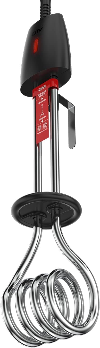 GM Immersion Rod Water Heater with Bucket Guard 1000W 6 AMP Plug Superior Copper Element Heat Resistant Handle Nickel Plated Prevents Corrosion Double ISI Certified 1.6M Cord 2 Years Warranty