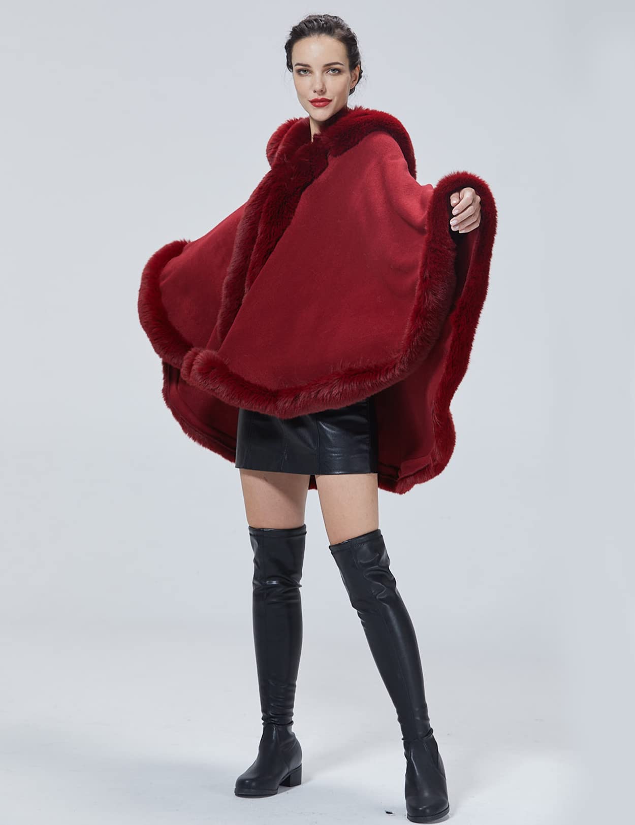 SUFCOMOU Poncho Hooded Shawl Wrap Women Cape Winter Faux Fur Trim Coat Sleeveless Cardigan Dressy Cloak for Party