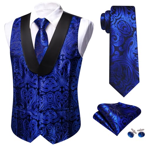 Image of Barry.Wang Mens Silk Lapel /Shawl Collar Vest Tie Sleeve Holder Set Formal /Casual Paisley Vests Wedding Tuxedo Waistcoat