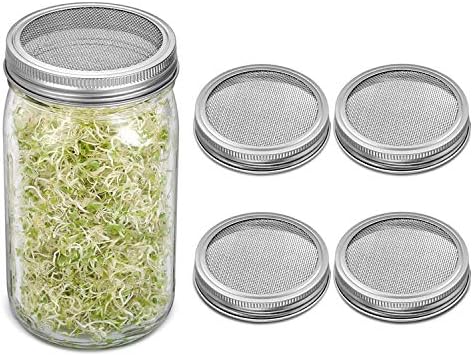 4 Pack Sprouting Lids, Rust Resistant Stainless Steel Sprouting Jar Lid Kit for Wide Mouth Mason Jars Canning Jars, Sprout Germinator Set to Grow Organic Sprout Seeds in House/Kitchen
