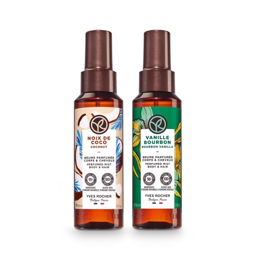 Yves Rocher Pack 2 Brumas Corporales Perfumadas BAIN DE NATURE – Vainilla Bourbon & Coco – Sensualidad Satinada para Cuerpo y Cabello – 96% Ingredientes Naturales – Veganas – Botellas Recicladas
