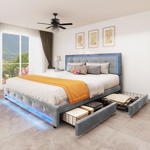 YITAHOME LED Bed Frame Queen Size with 4 Drawers, Upholstered Bed Frame with Charging Station, Platform Bed with Adjustable Velvet Headboard, LED Lighting Footboard, Box Spring Not Required,